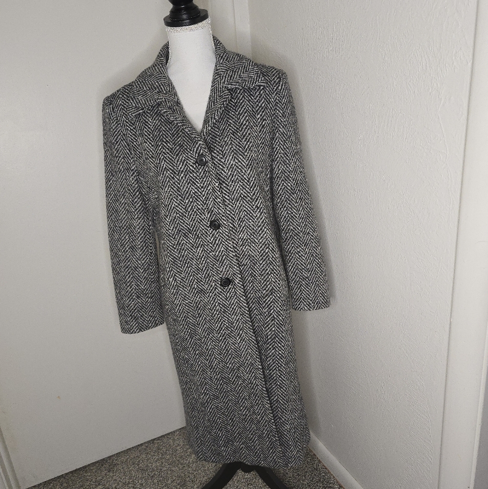 Talbots Black and White Herringbone Trench Coat